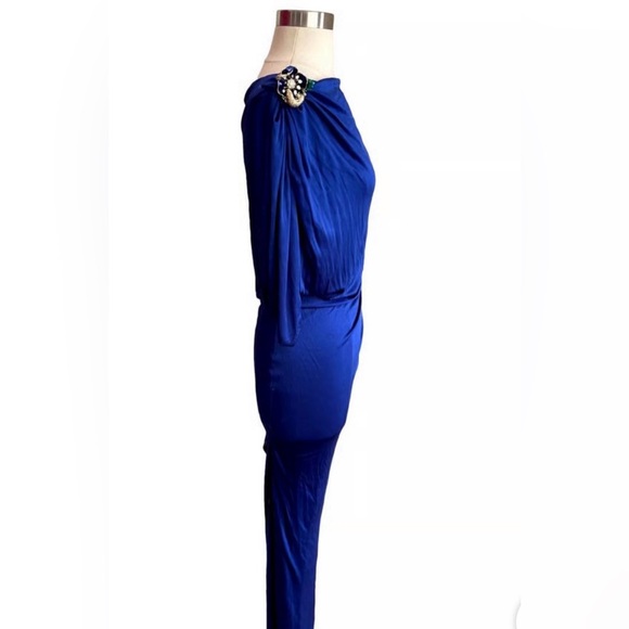 Roberto Cavalli Blue Evening Gown Jeweled Lizard Shoulder Accent Size 38 EUC - Picture 8 of 8
